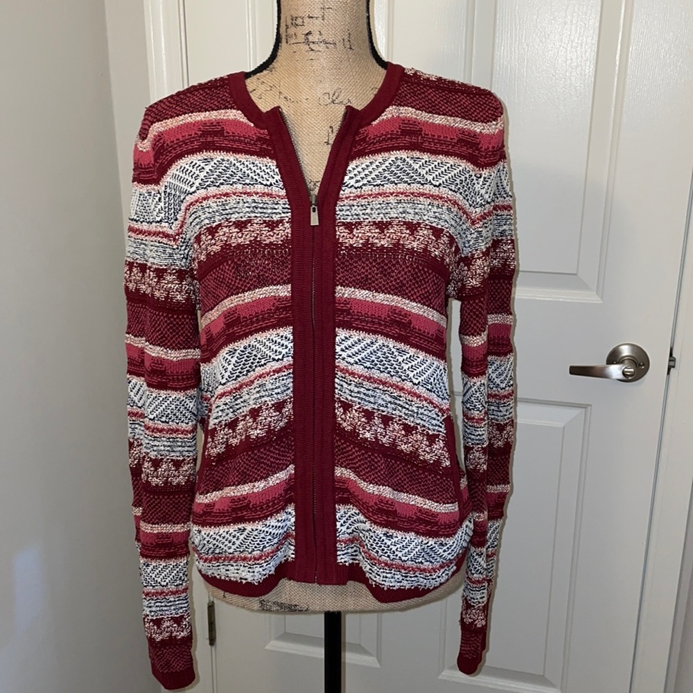 LOFT Ann taylor large red knitted zip up sweater pattern warm comfy cozy